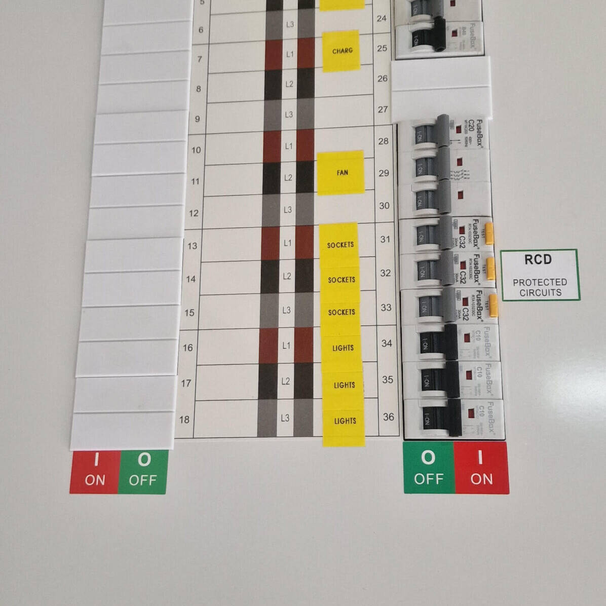 Modern electrical distribution board on a wall. Door open, showing the clean switch board.