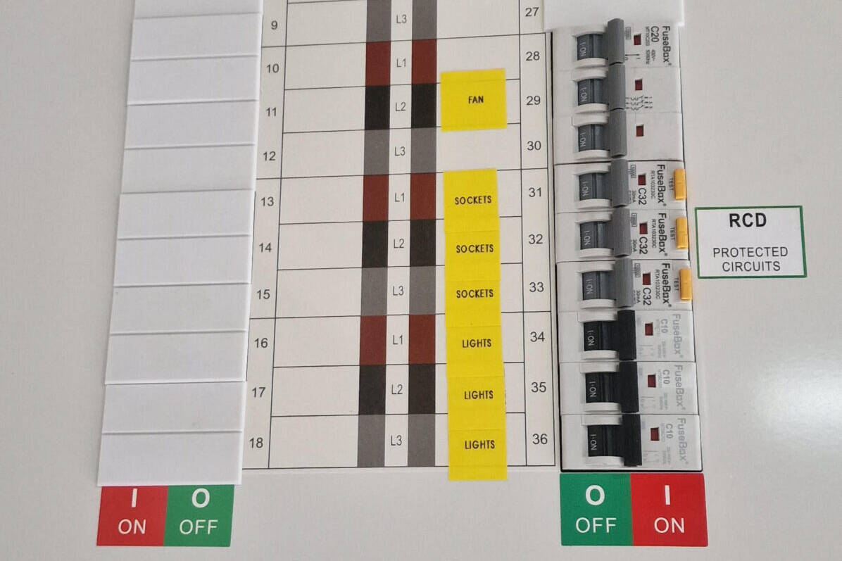 Modern electrical distribution board on a wall. Door open, showing the clean switch board.