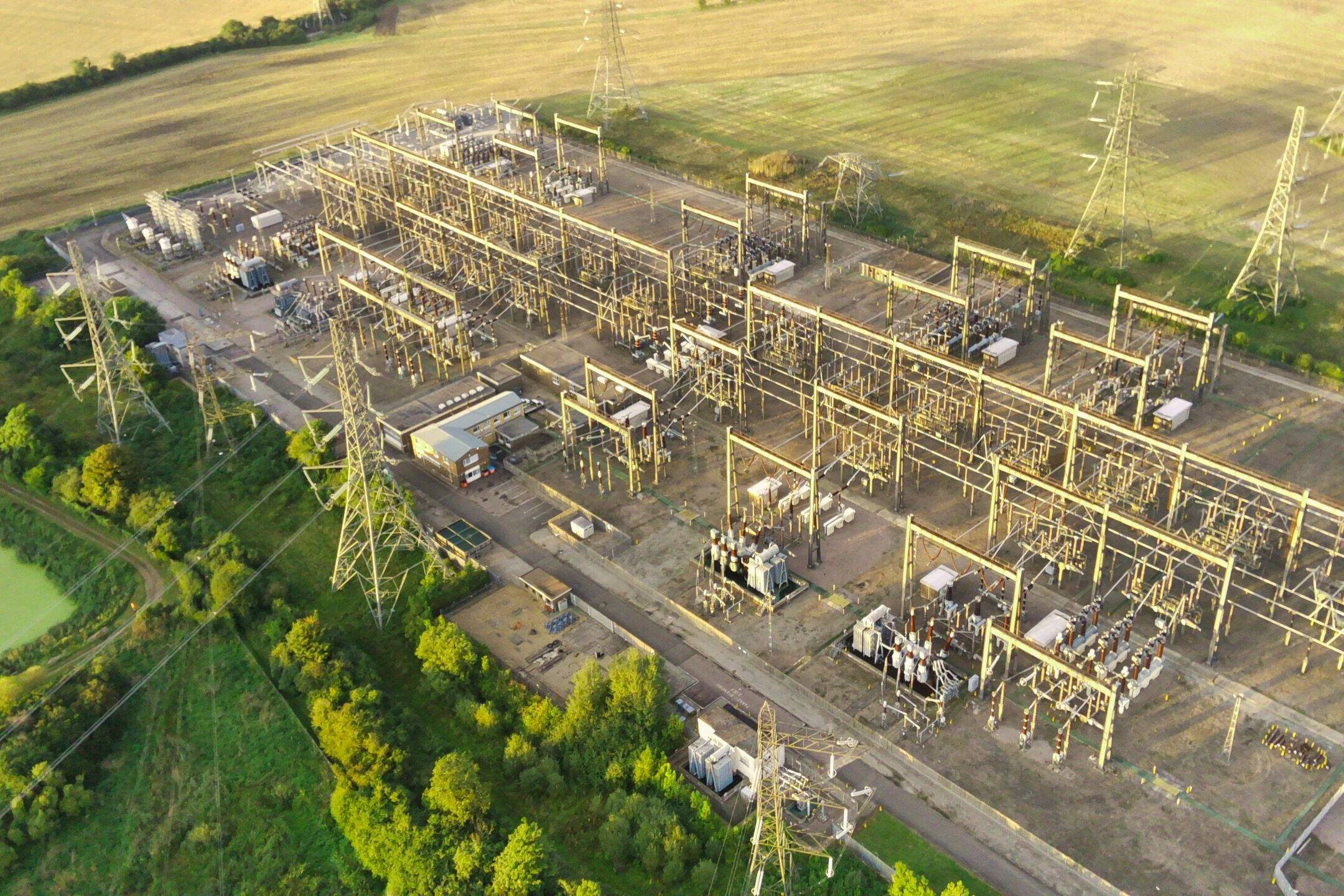 A high up photo of a power plant.